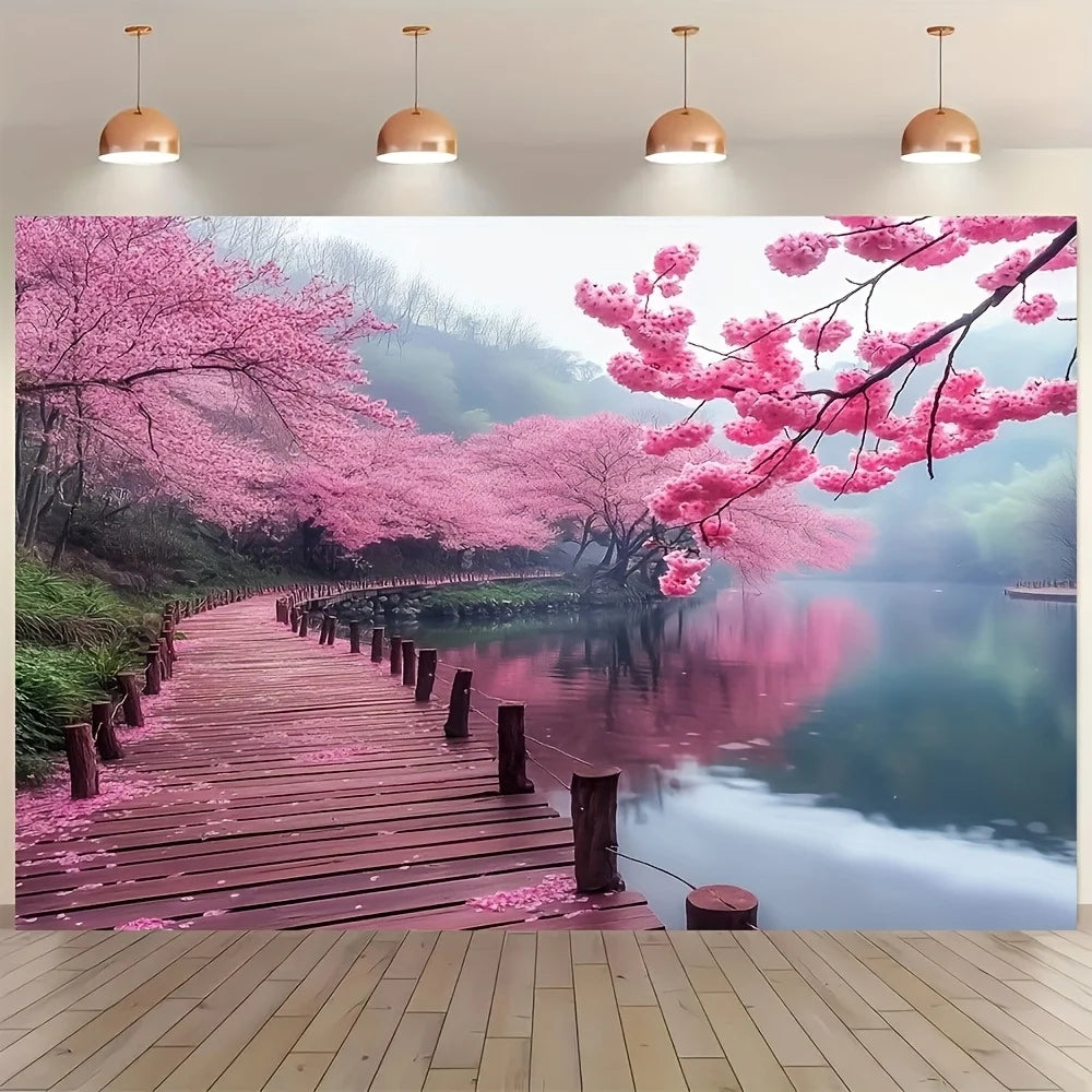 No Installation Needed - Cherry Blossom Floral Tapestry with Pink Sakura Landscape - Easy Hang Wall Decor for Living Room,.