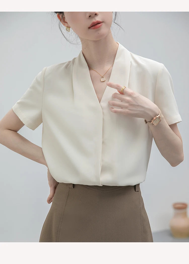 2025 Fashion Summer Short Sleeve V-Neck Women Blouse White Blouse Shirt Women Tops Blouses Shirts Blusas Para Mujer Camisas XL86