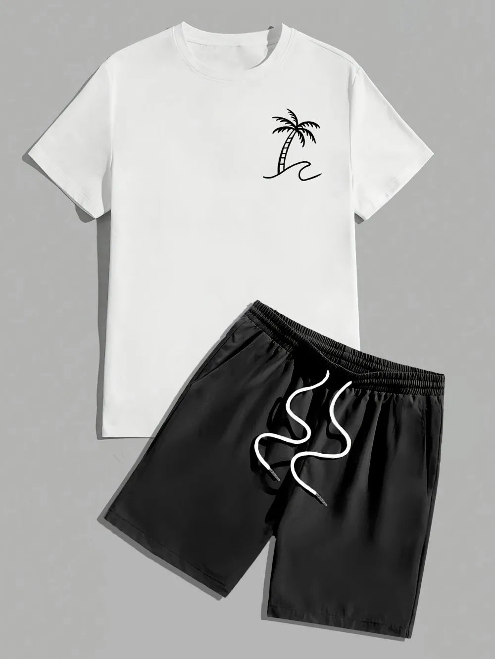 Hot selling men's summer coconut tree print comfortable and breathable round neck T-shirt shorts set outdoor vacation suit.