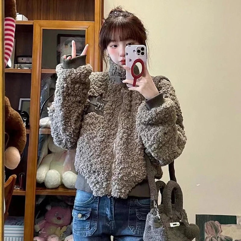 Winter Lamm Wolle Vintage Jacke Frauen Stehen Kragen Faul Wind Casual Zipper Mäntel Langarm 3D Dekoration Lose Geerntete Jacken.