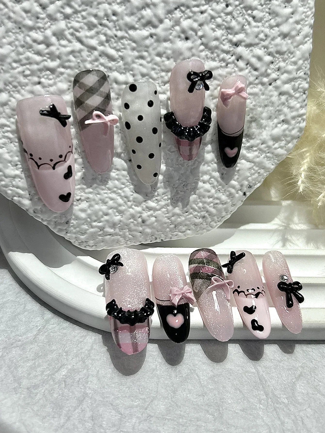 Black Pink Sweet French Almond Handmade Press On Nails Grid Polka Dot Love Skirt Ballet Fake Nails Princess Cute Bow Nail Art.