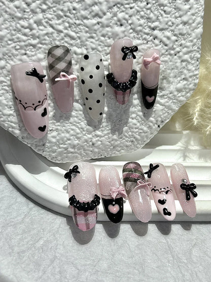 Black Pink Sweet French Almond Handmade Press On Nails Grid Polka Dot Love Skirt Ballet Fake Nails Princess Cute Bow Nail Art.