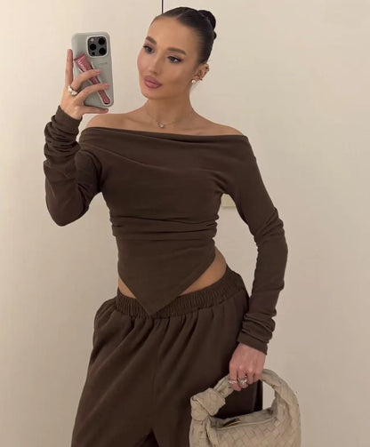 Autumn Winter Casual Pant Sets for Women Sexy Off The Shoulder Top and Long Pant Outfits Fashion Irregular Two Piece Set 2025.