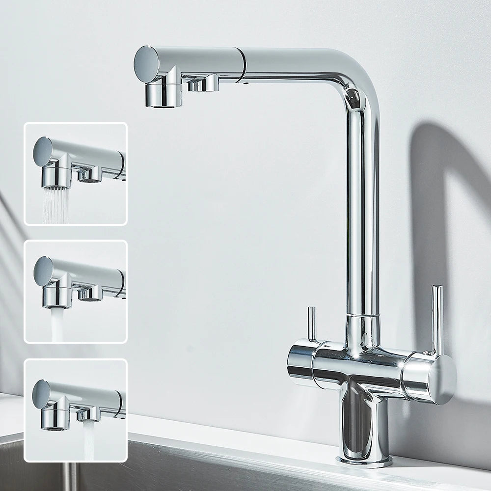 Filtered Kitchen Sink Faucet Pull Out Spray 360 Rotation Water Filter Tap Dual Sprayer Drinking Water Tap Vessel Sink Mixer