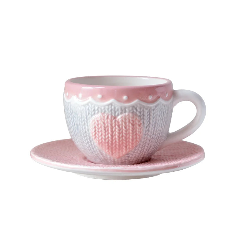 250ml Ceramic Tea Cup And Saucer Set Kawaii Bowknot Coffee Cup Dish Pink Wool Knitting Mug Microwave Safe.