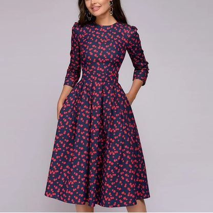 2023 frühling AutumnOffice Dame Knie Länge Elegante Vintage Langarm Party Kleider Frauen Floral Bedruckte Kleid Neue.