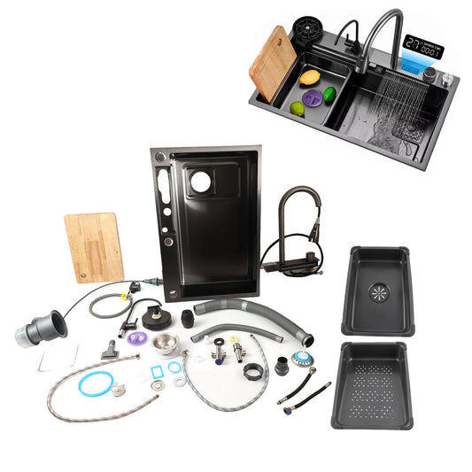 Küchenspüle, Digitalanzeige, Workstation unter der Theke, Küchenspüle, 68 x 45 cm, verdickte Küchenspüle aus Edelstahl