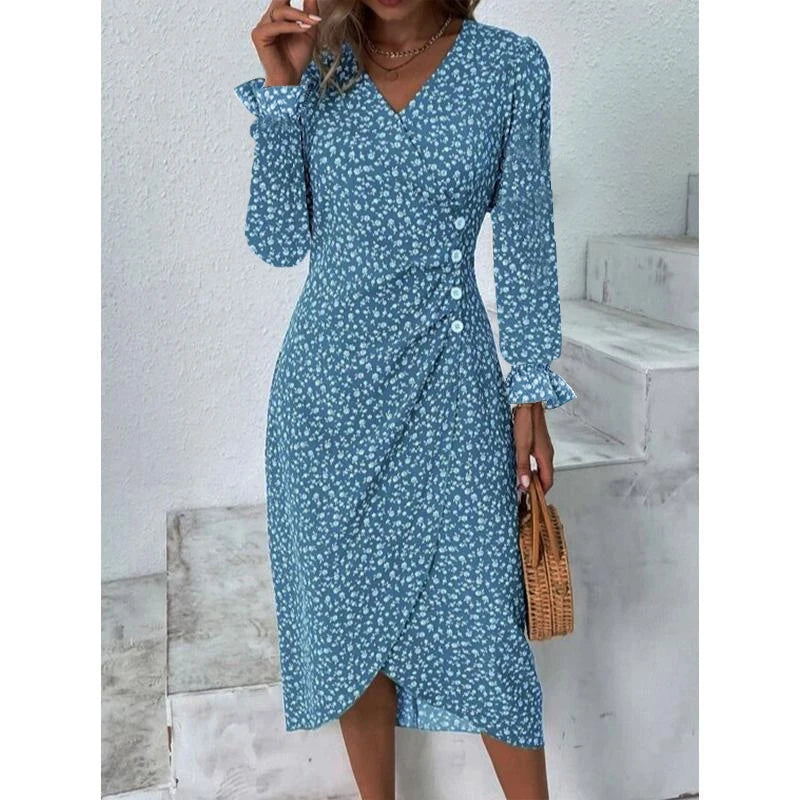 Elegante Blumen Plissee H-förmigen Midi Kleid Weibliche V-ausschnitt Puff Sleeve Taille Geraffte Taste Kleider Frauen Sommer Kleid Robe.