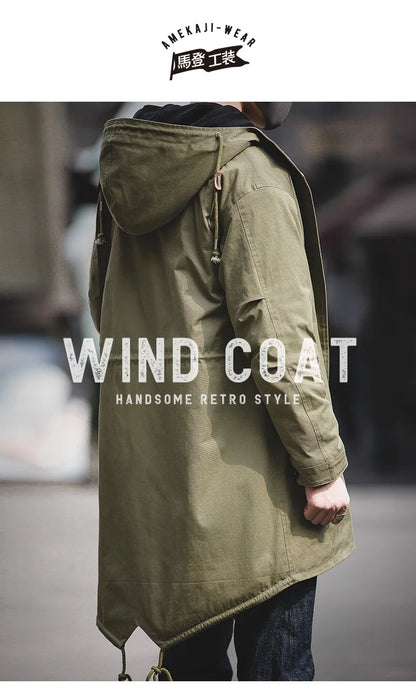 Maden Men's Thick Hooded M-51 Fishtail Cotton Coat Plus Velvet Parka Jacket Green Windbreaker Winter Autumn Men Trench Coat.