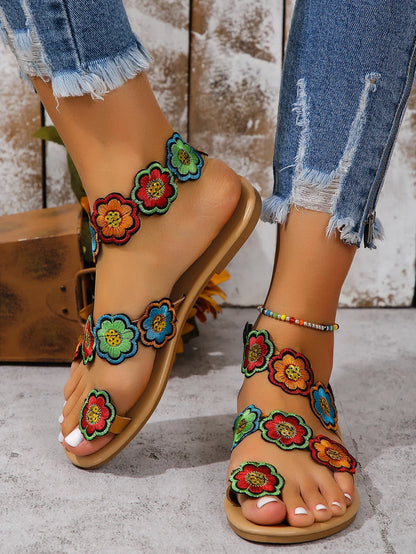 Yellow Embroidered Faux Flower Fashion Sandals Flat Plus Size 43 Summer Outdoor Beach Shoes Travel Mom Shoes.