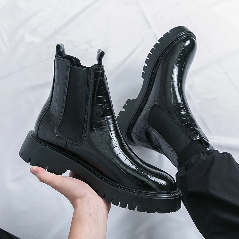 Street Style Pointed Toes Chelsea Boots Stylish Leather Ankle Boots Fashion High Top Shoes Party Business Motorcycle Boots Botas.