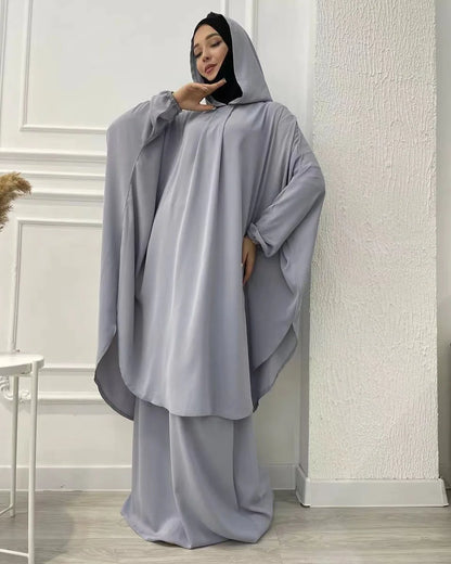 Eid Hooded Abaya 2 Piece Set Long Hijab Khimar Muslim Women Dress Prayer Jilbab Ramadan Gown Abayas Skirt Sets Islamic Clothes.