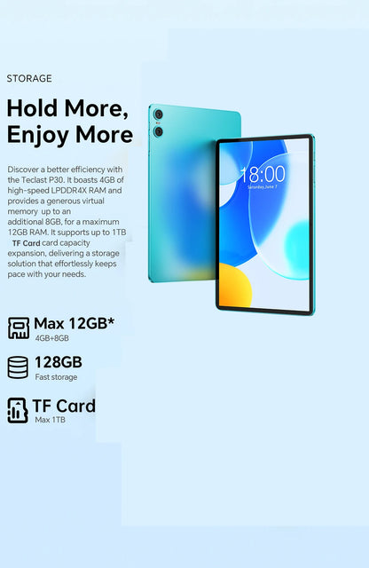 Teclast P30 2024 Tablet Allwinner T606  8-core 1.8GHz 12GB(4GB+8GB)RAM/128GB ROM/10.1inch 1280×800iPS WIFI 6000mAh Type-C 5MP+2M.