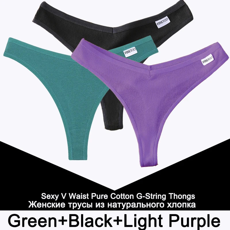 FINETOO 3PCS/Set G-string Panties Cotton Women's Underwear Sexy Panty Female Underpants Thong Solid Color Lingerie T-Back Design