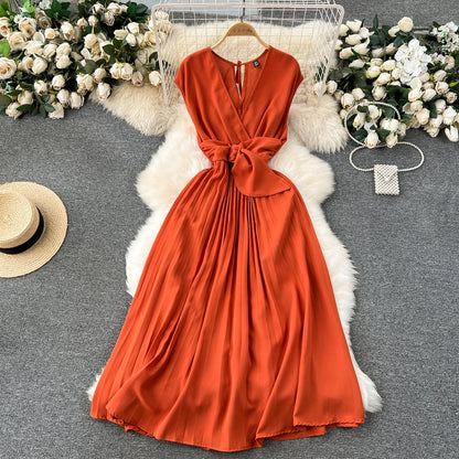 Französisch Vintage elegante Plissee Vneck Kleid A-Linie Mode Chiffon Frühling Herbst ärmellose Vestidos Frauen kleider