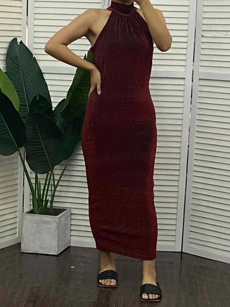 Frauen High Neck Sleeveless Glitter Bodycon Kleid.