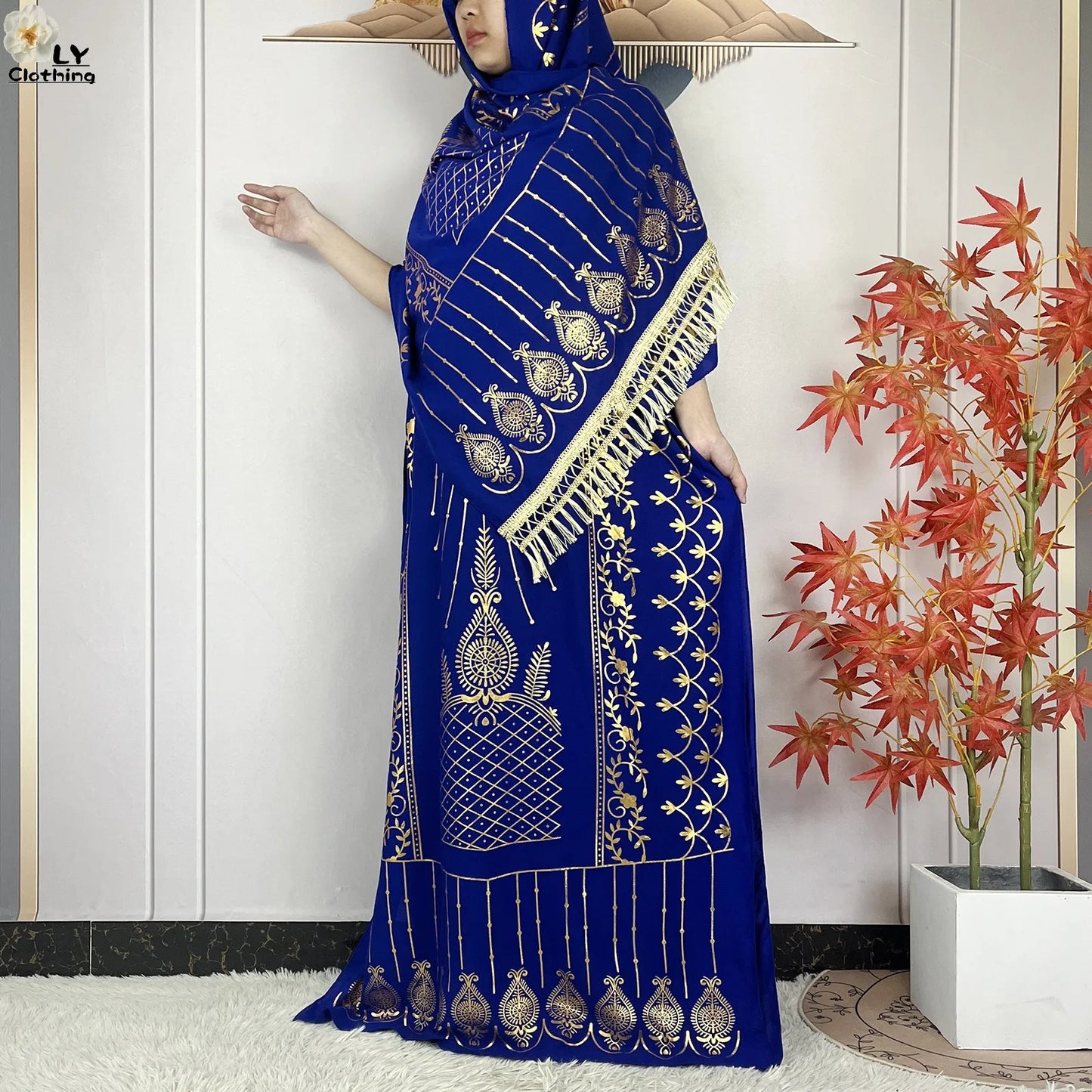 2023 New Muslim Summer Short Sleeve Robe Gold Stamping Boubou Maxi Women Femme Loose Dress With Big Scarf African Abaya Clothes.