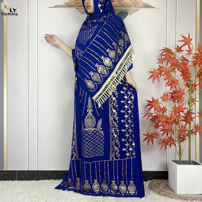 2023 New Muslim Summer Short Sleeve Robe Gold Stamping Boubou Maxi Women Femme Loose Dress With Big Scarf African Abaya Clothes.