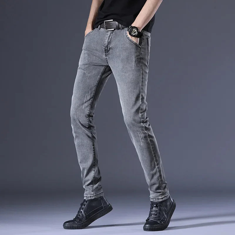 Slim Fit Men's Jeans Casual Elastic Korean Style Autumn Grey Trendy Long Pants Versatile Slim Legged Casual Trousers.