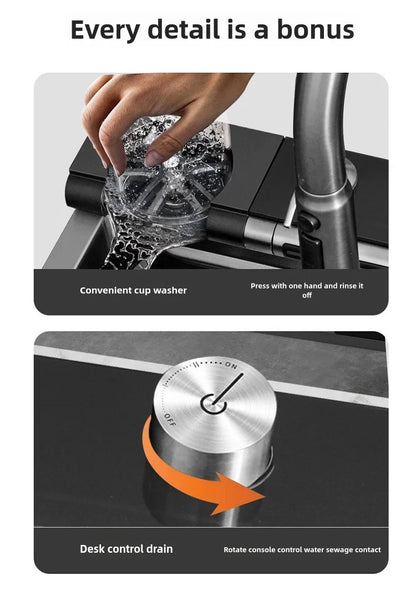 Stainless Steel Kitchen Sink Waterfall Faucet Large Single Sink Intelligent Dishwasher Sink Digital Display and Light Effects