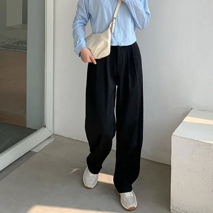 Hohe Taille Frauen Anzug Hosen fallen gerade Büro Damen koreanische Mode Hosen lässig Knopf lose weibliche schwarze Hosen neue 2024 | H&D Shop