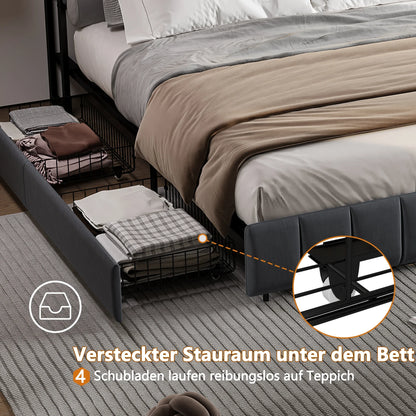Rosahqnda Doppelbettgestell 140–160 x 200 cm mit LED, USB und Schubladen, gepolstertes Jugendbett, Wohnungsbett, Gästezimmer, Leinen, Grau