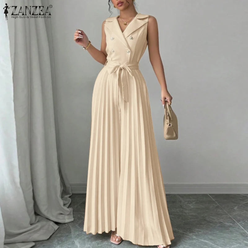 Fashion Women Jumpsuits 2025 ZANZEA Summer Rompers Elegant Wide Leg Work OL Overalls V Neck Sleeveless Pleated Playsuit Trousers.