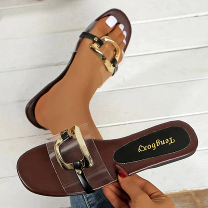 Summer 2025 New Women's Large Fashion Sandals and Slippers Summer New Flat Metal Strap Sandals.