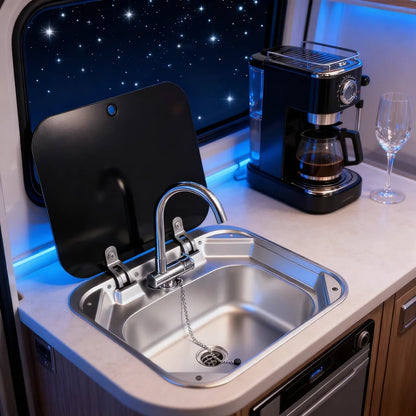 Edelstahlspüle mit klappbarem Wasserhahn und Deckel, Bar, Wohnwagen, Wohnmobil, kleines Boot, Handwaschbecken, Outdoor-Küchenspüle für Reisen