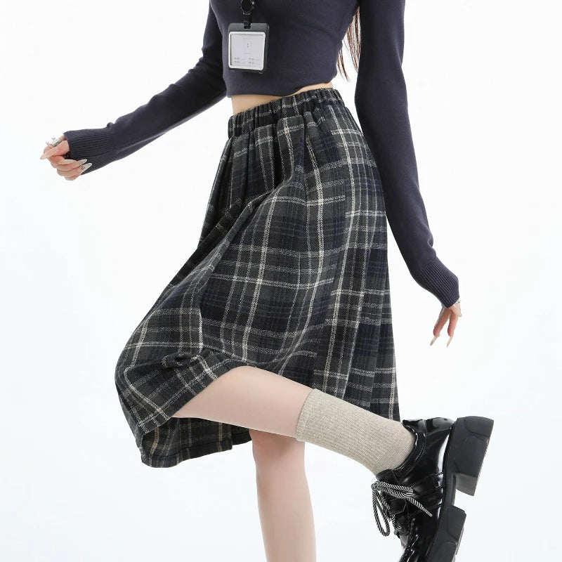 Preppy Style Woolen Pleated Plaid Skirt Women Fall Winter Retro Elastic High Waist Skirts Female Japanese A Line Faldas 2025 New.