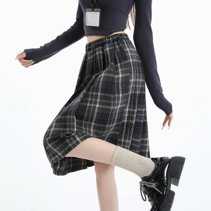 Preppy Style Woolen Pleated Plaid Skirt Women Fall Winter Retro Elastic High Waist Skirts Female Japanese A Line Faldas 2025 New.