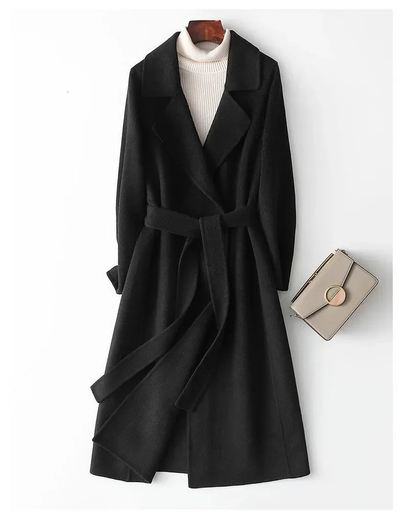 Modischer doppelseitiger Wollmantel für Damen, schmale Passform, mittellang, neue Herbst- und Winterkollektion, stilvoll.