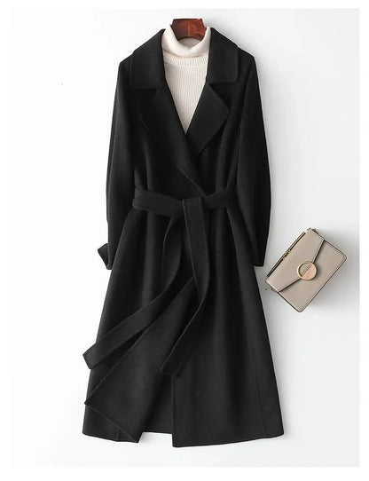 Modischer doppelseitiger Wollmantel für Damen, schmale Passform, mittellang, neue Herbst- und Winterkollektion, stilvoll.