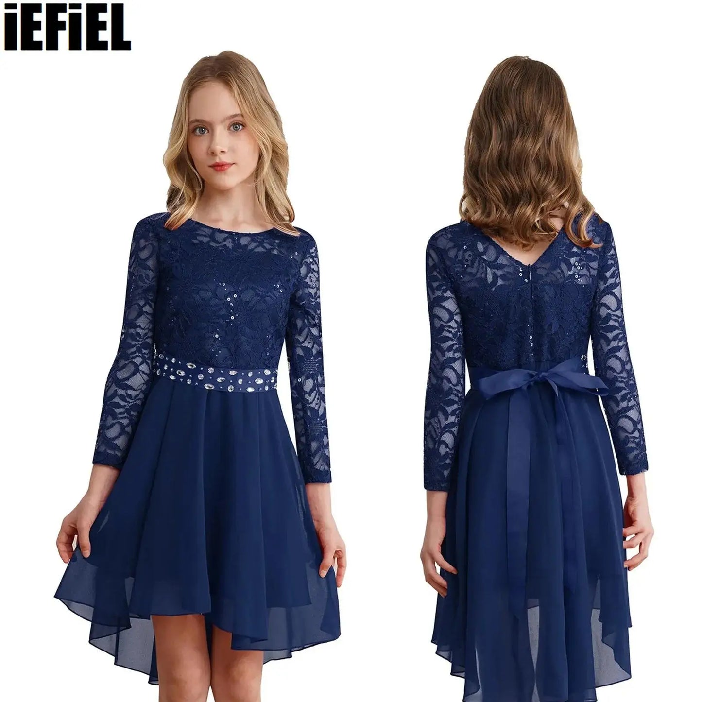 Elegantes Spitzen-Partykleid für Kinder, Mädchen, Chiffon, Spleißen, langärmelig, Kleid mit hohem und niedrigem Saum und Strass-Schärpe für Hochzeit, Geburtstag.