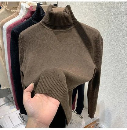 2025 neue Verdicken Hohe Kragen Pullover frauen Pullover Top Winter Warme und Weiche Einfarbig Inneren Tragen Bodenbildung Shirt
