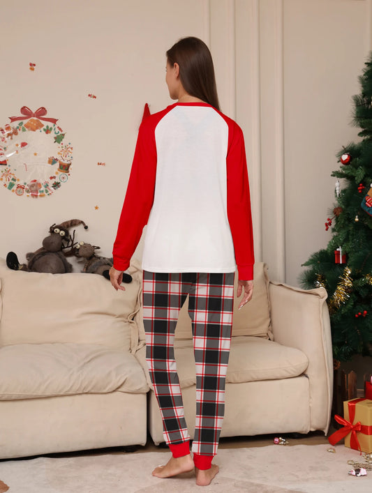 Christmas Couple Pajamas Set - Raglan Sleeve White & Red "Santa's Crew" Print & Plaid Pants Sleepwear.