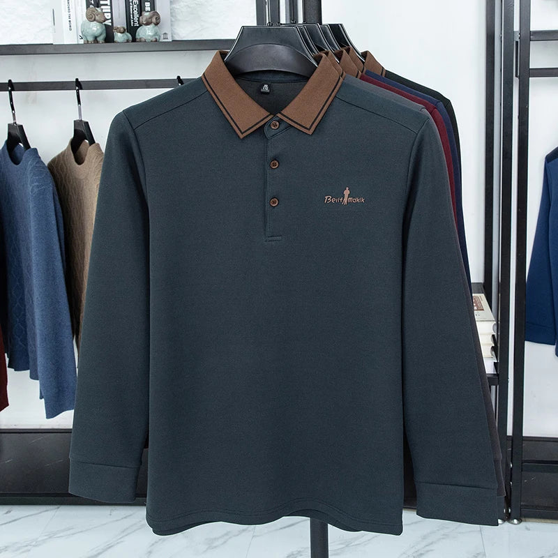 Men's Polo Shirt Long Sleeve Luxury Brand Autumn Winter Lapel Collar Button Business Casual Classic Office Warm T-shirt Menswear.