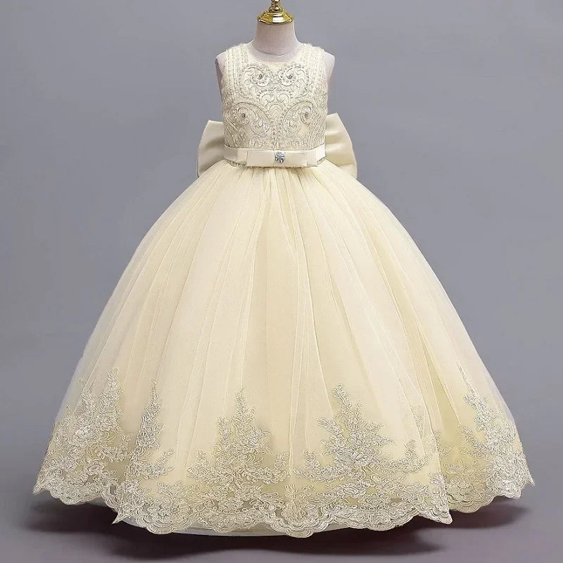 Gesticktes Mesh-Hochzeitskleid, Blumenmädchen-Performance-Mädchenkleid, 4–12 Jahre altes Mädchen-Prinzessinnenkleid mit großer Schleife.