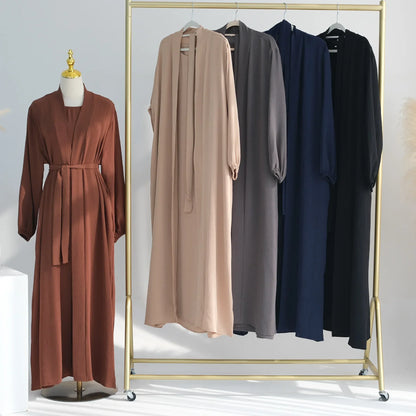 Muslim Woman Abaya 2 Piece Set Abayas Kimono with Sleeveless Hijab Dress Sets Islamic Matching Outfit Dubai Turkey Ramadan Eid