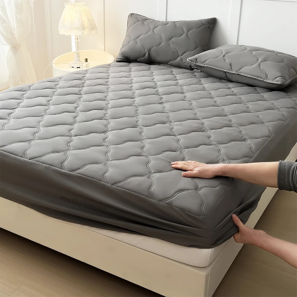 Waterproof Throw Mattress Cover Bed Fitted Sheet Mattress Bedspread Protector Pads Single/Double/King/Queen Full Size Gray/White.