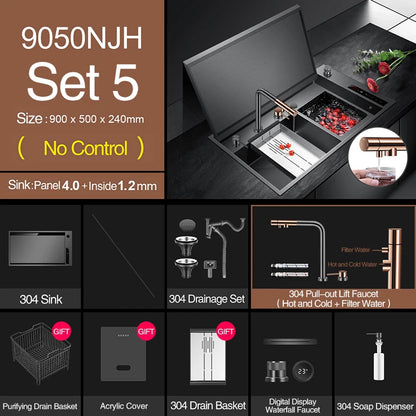 ASRAS Hidden Double Sinks Smart Purifying Kitchen Island Sinks Flip Cover Hidden 4mm Thickness Handmade kitchen Sinks