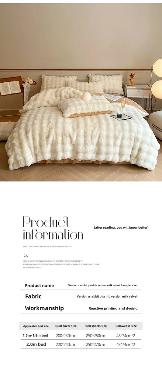 2024 new solid color colorful rabbit wool four-piece set, one side of rabbit fur and one side of milk wool thickened warm.