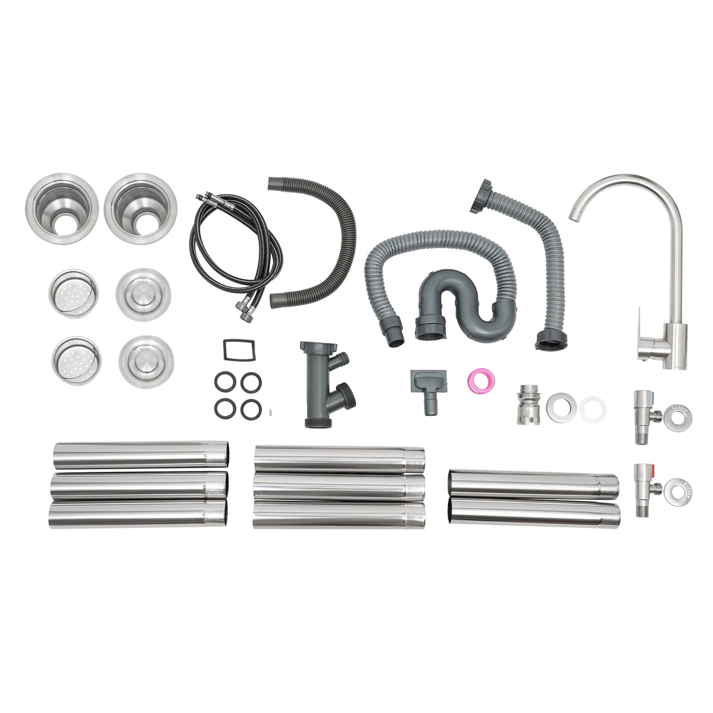 Doppelschüssel-Waschbecken aus Edelstahl mit Werkbank, freistehendes Waschbecken mit Abtropfbrettern-Wasserhahn, jede Spülbeckengröße 33 x 33 x 18 cm, Silber