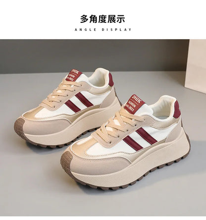 Spring Thick Bottom Women's Shoes 2025 Summer Casual Patchwork Leather Sneakers Casual Vulcanised Shoes Ladies Chaussure Femme.