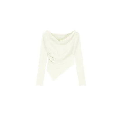 Spicy Girl Apricot One-Shoulder Base Shirt Women's Slim Fit Asymmetrical Long Sleeve T-Shirt Spring Autumn Inner Wear Top.