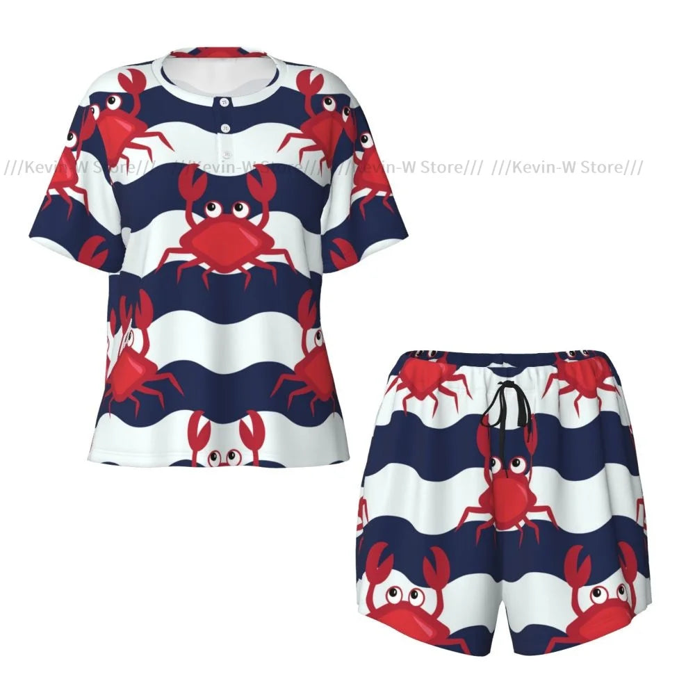 Damen-Pyjama-Set, nautische Krabben, niedliche Krabben und gestreifter Hintergrund, Sommer-Kurzarm-Anzug für Damen, Homewear.