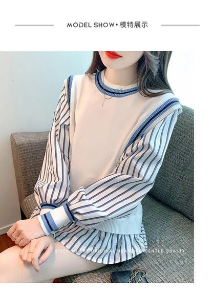 Autumn Preppy Style Patchwork O-neck Fake Two Pieces Top Tee Female Casual Striped Long Sleeve Sweatshirts Women Clothes Tshirt.