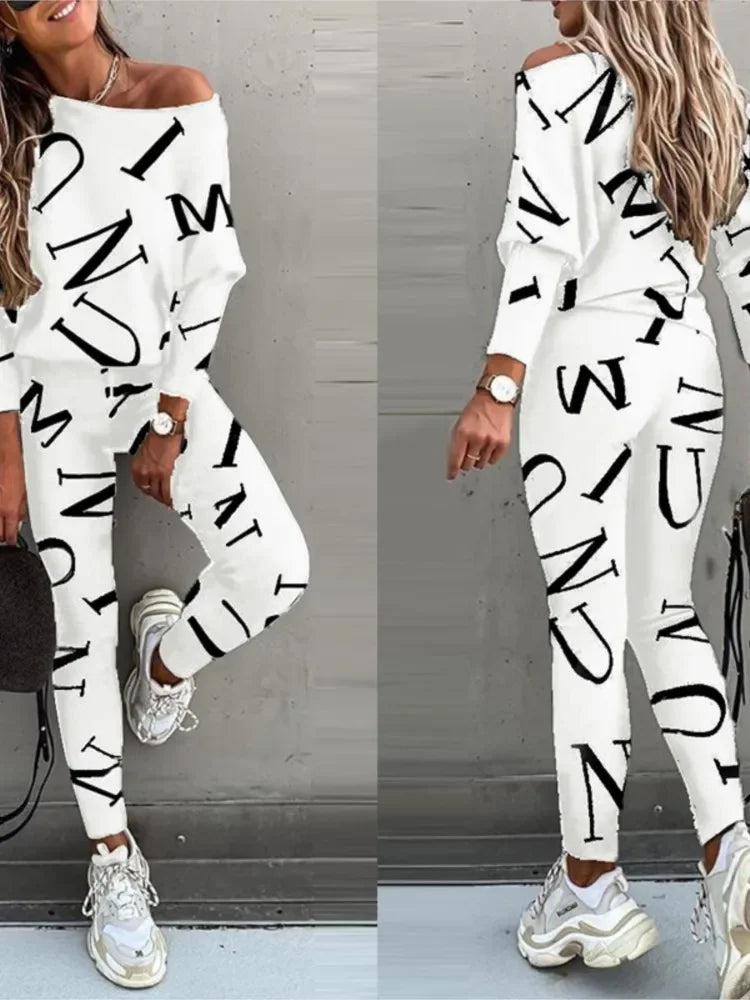 Autumn New Women's Fashion Letter Print Sexy Off Shoulder Long Sleeved Leggings Long Pants Casual Comfortable Two-piece Set.