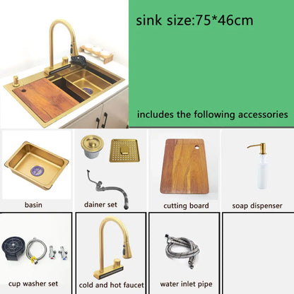 Gold Wasserfall Wasserhahn Küchenspüle Nano Waschbecken 304 Edelstahl Golden Topmount Single Bowl Waschbecken 4-Funktions-Küchenarmatur