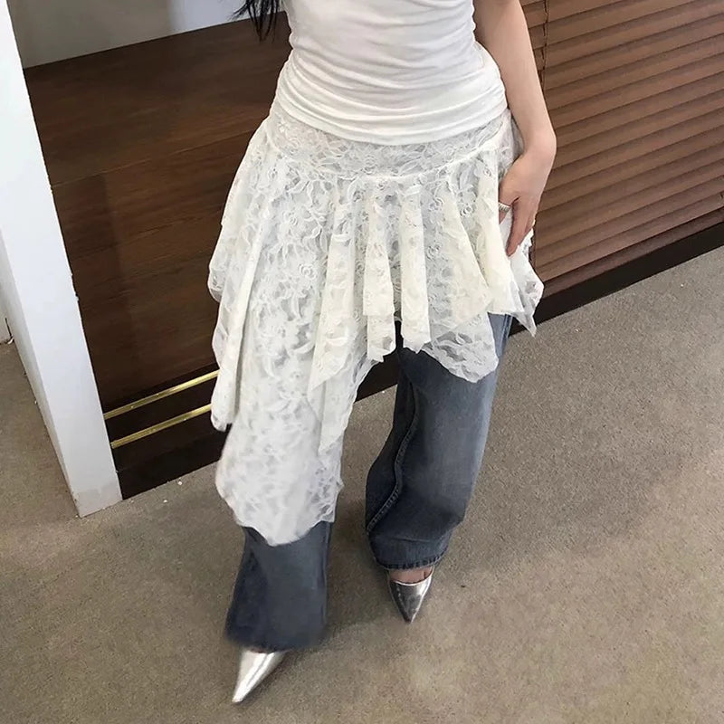Asymmetrical Lace Skirt Pants Women High Waist Layered Skirt Y2k Japanese Vintage Jacquard Short Skirt 2025 Spring Clothing